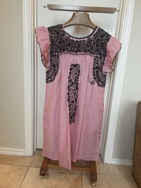 Red & White Dress with Black Floral Embroidery